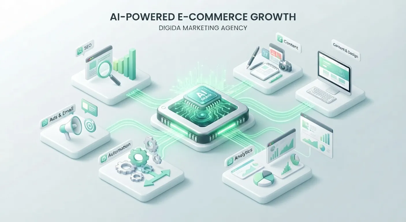 AI-powered e-commerce growth ecosystem illustration