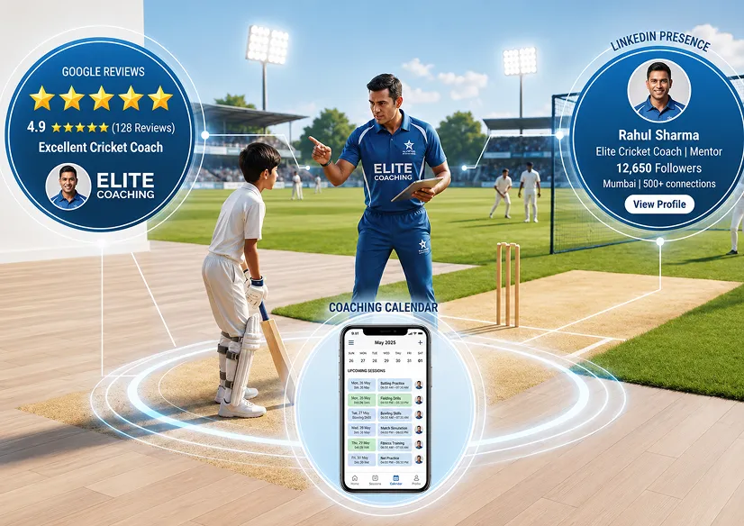 Cricket coach with a young player on the pitch, with review, LinkedIn, and calendar mockups overlaid