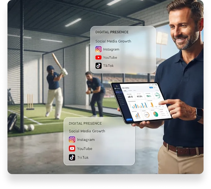 Cricket coach showing a tablet dashboard on the pitch, with players practicing in the background