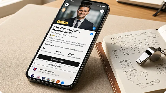 Phone showing Coach Alex Thompson's personal branding profile beside a notebook and whistle