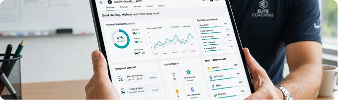 Coach holding a tablet showing a branding analytics dashboard