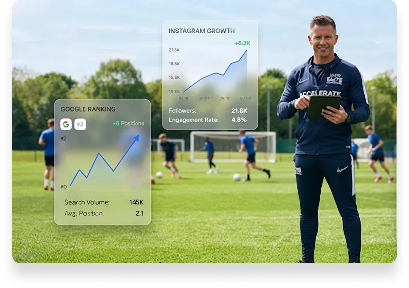 Football coach on the training pitch holding a tablet, with players training in the background