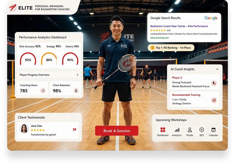 Badminton coach personal branding dashboard showing performance analytics, Google search results, AI coach insights, and client testimonials
