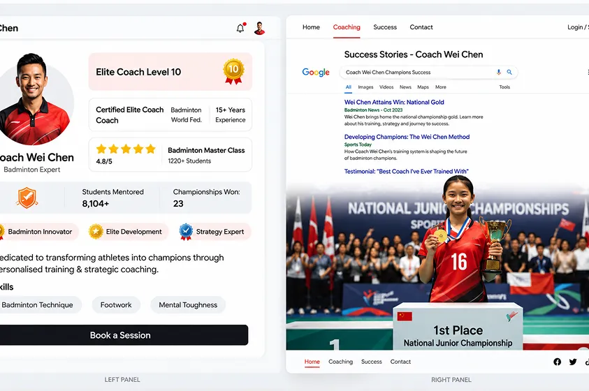 Coach Wei Chen's profile dashboard beside a national junior championship success story page