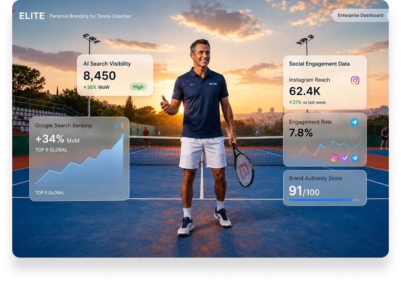 Tennis coach on court at sunset with personal branding dashboard overlay
