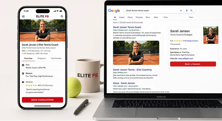 Phone and laptop showing a tennis coach's personal branding profile and Google search results