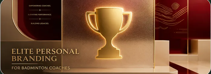 Elite Personal Branding for Badminton Coaches banner with a glowing trophy
