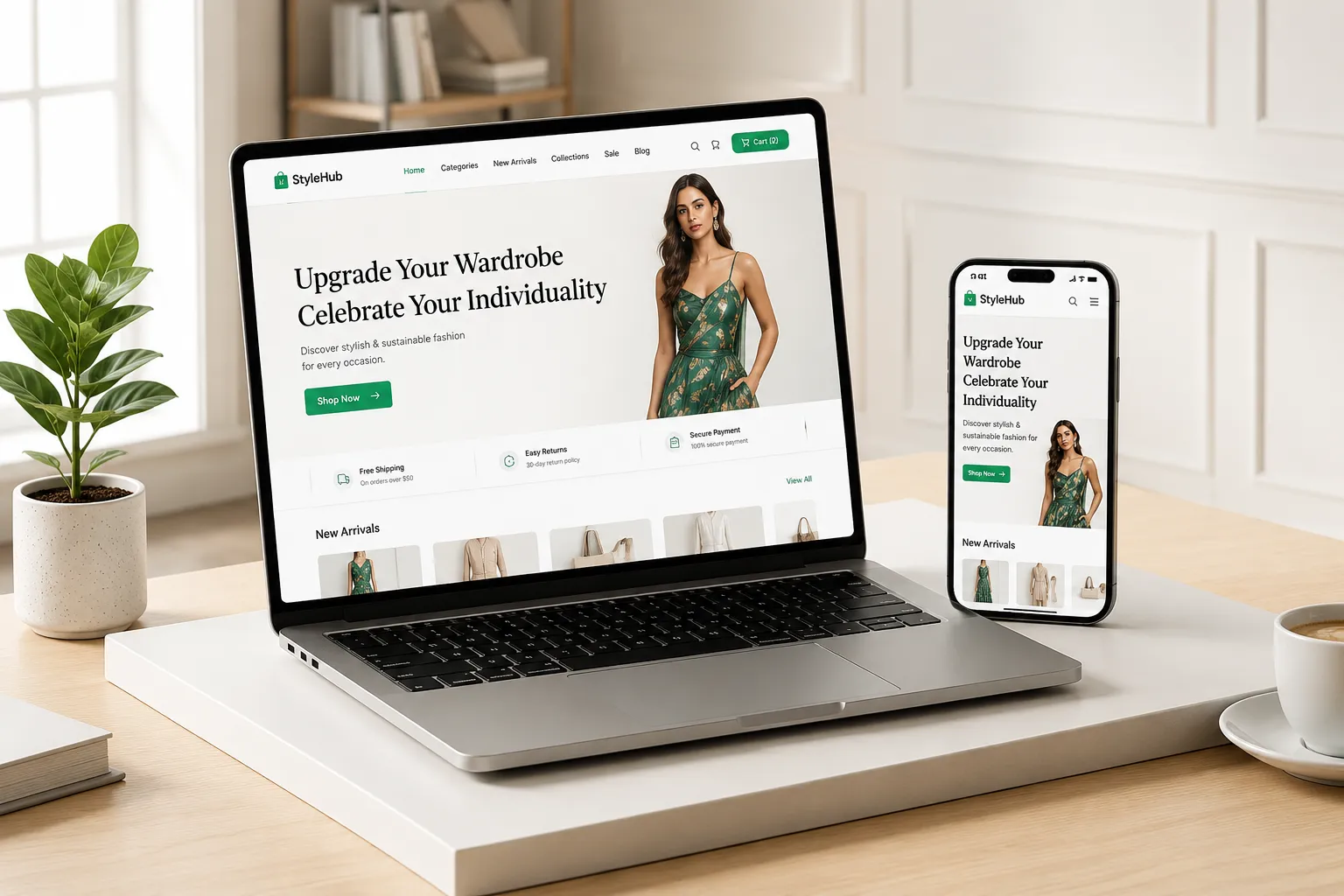 E-commerce website mockup on laptop and phone