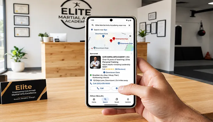 Phone showing map search results for Elite Martial Arts Academy