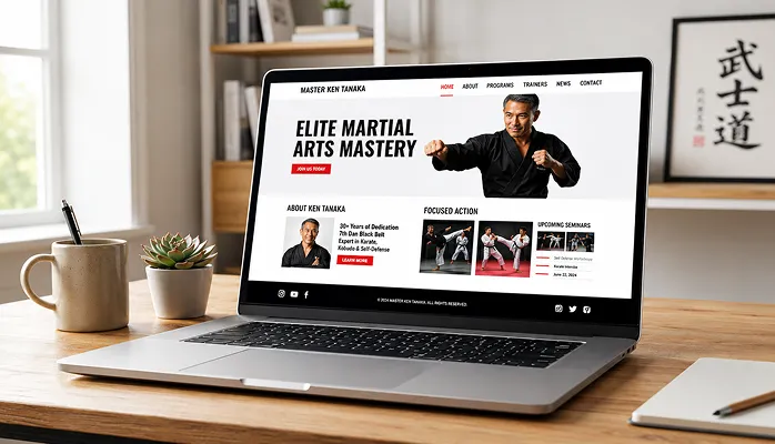 Laptop showing an Elite Martial Arts Mastery website