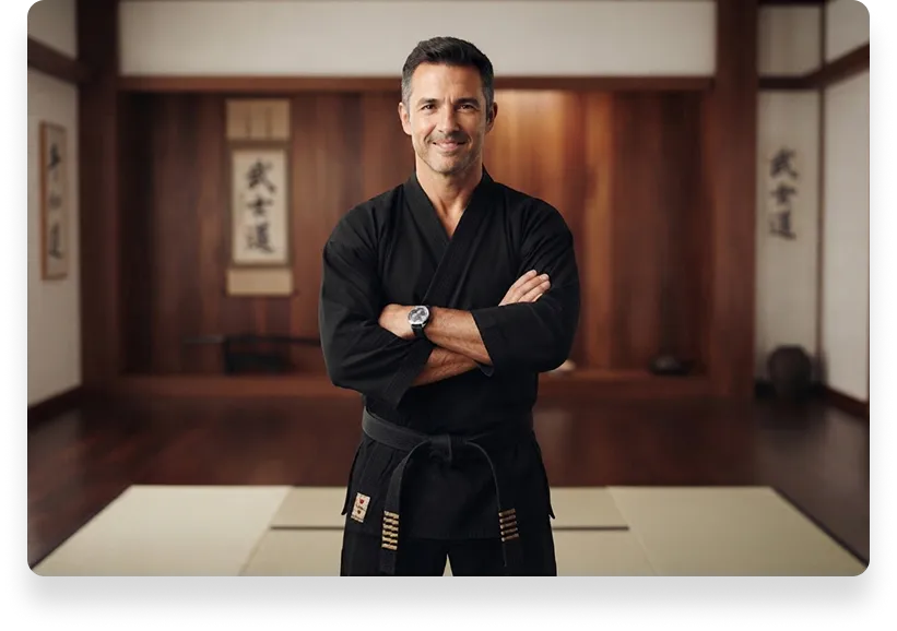 Martial arts instructor standing arms crossed in a traditional dojo