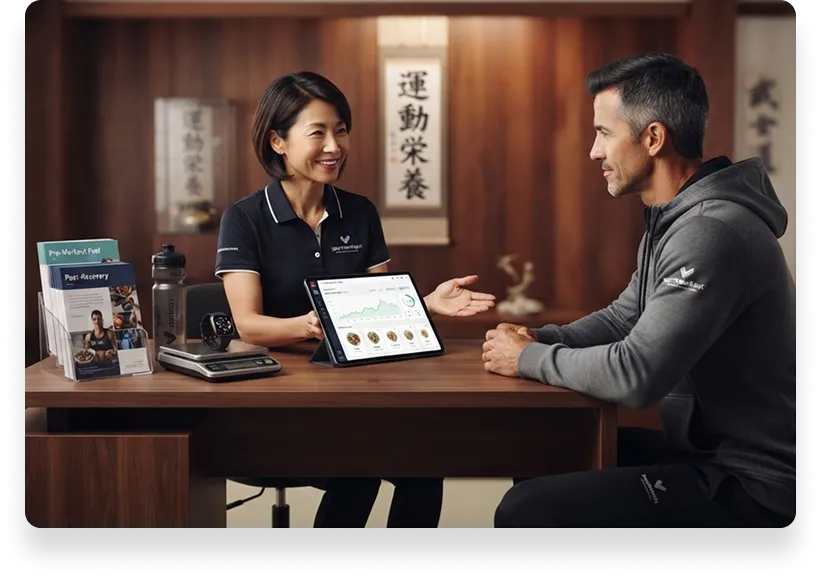 Sports nutritionist reviewing a tablet with an athlete at a wooden desk