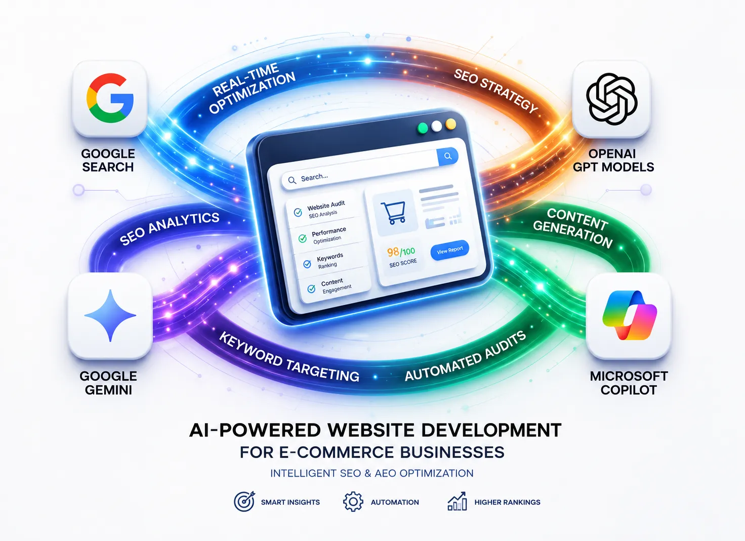 AI-powered website development ecosystem illustration