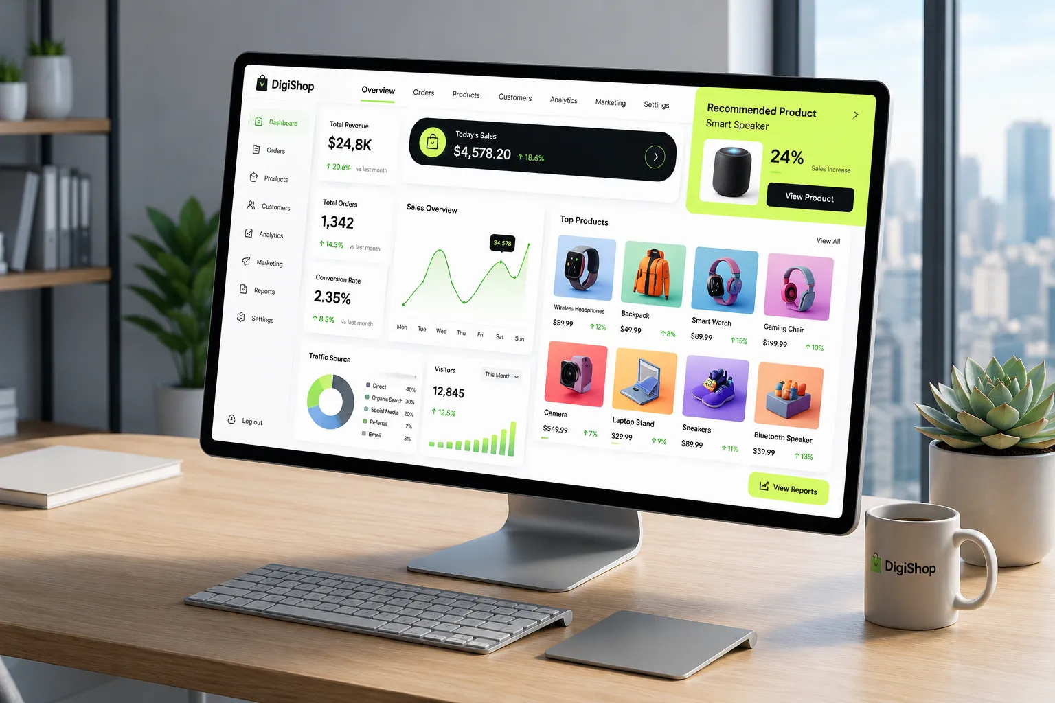 DigiShop eCommerce dashboard mockup on a desk