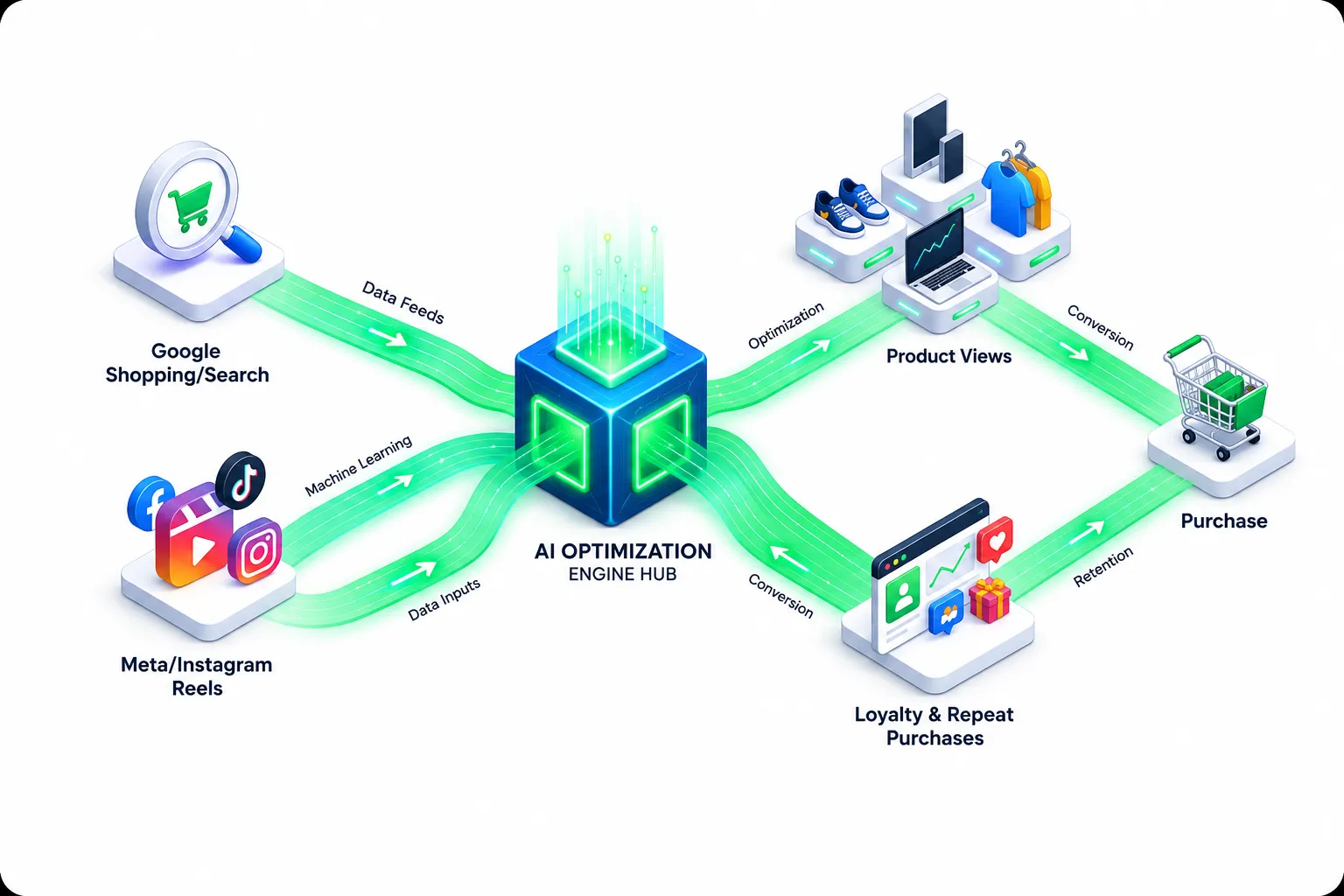 AI optimization engine hub connecting acquisition channels to purchase and retention