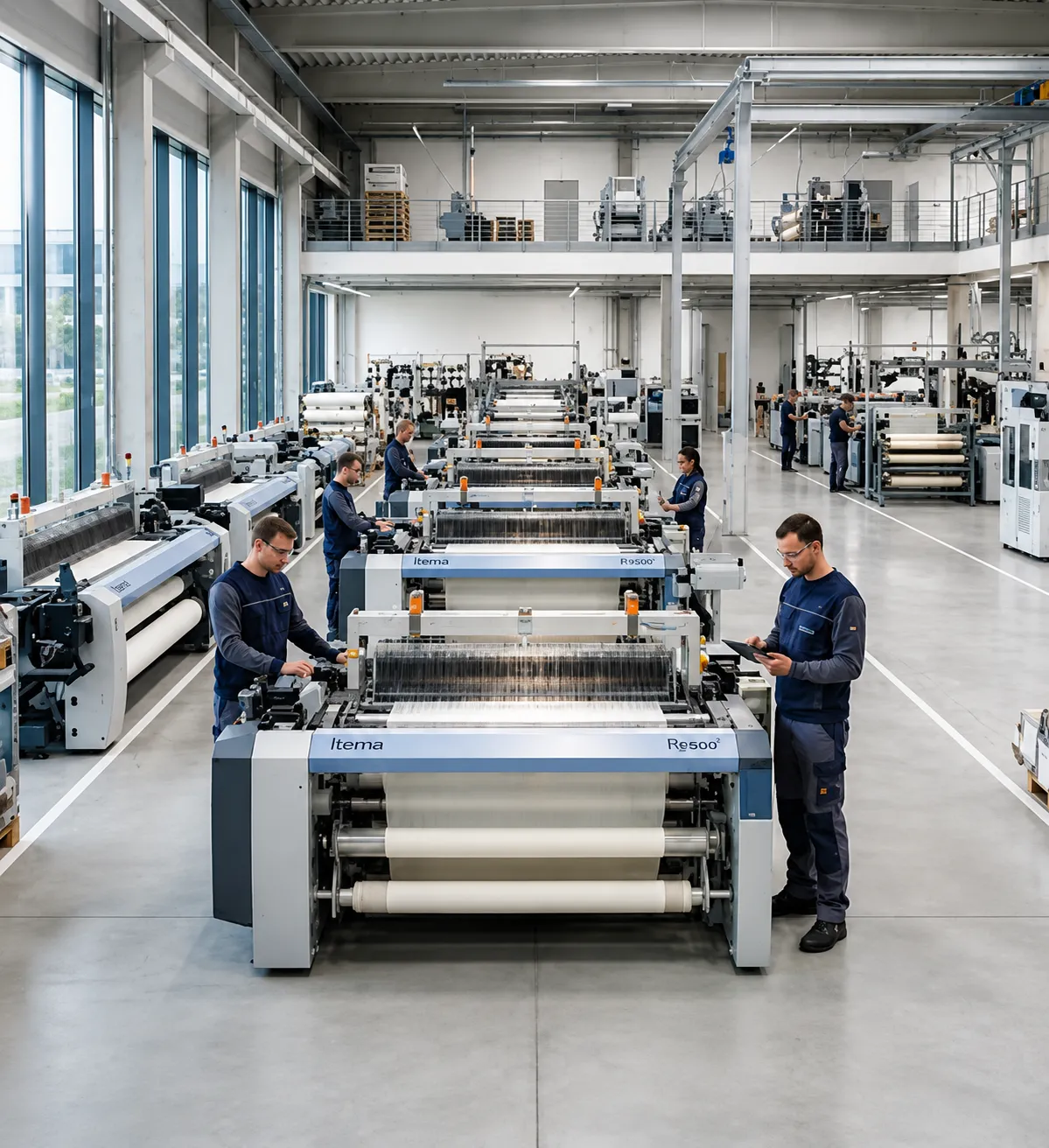Textile factory floor with weaving machines and workers monitoring production