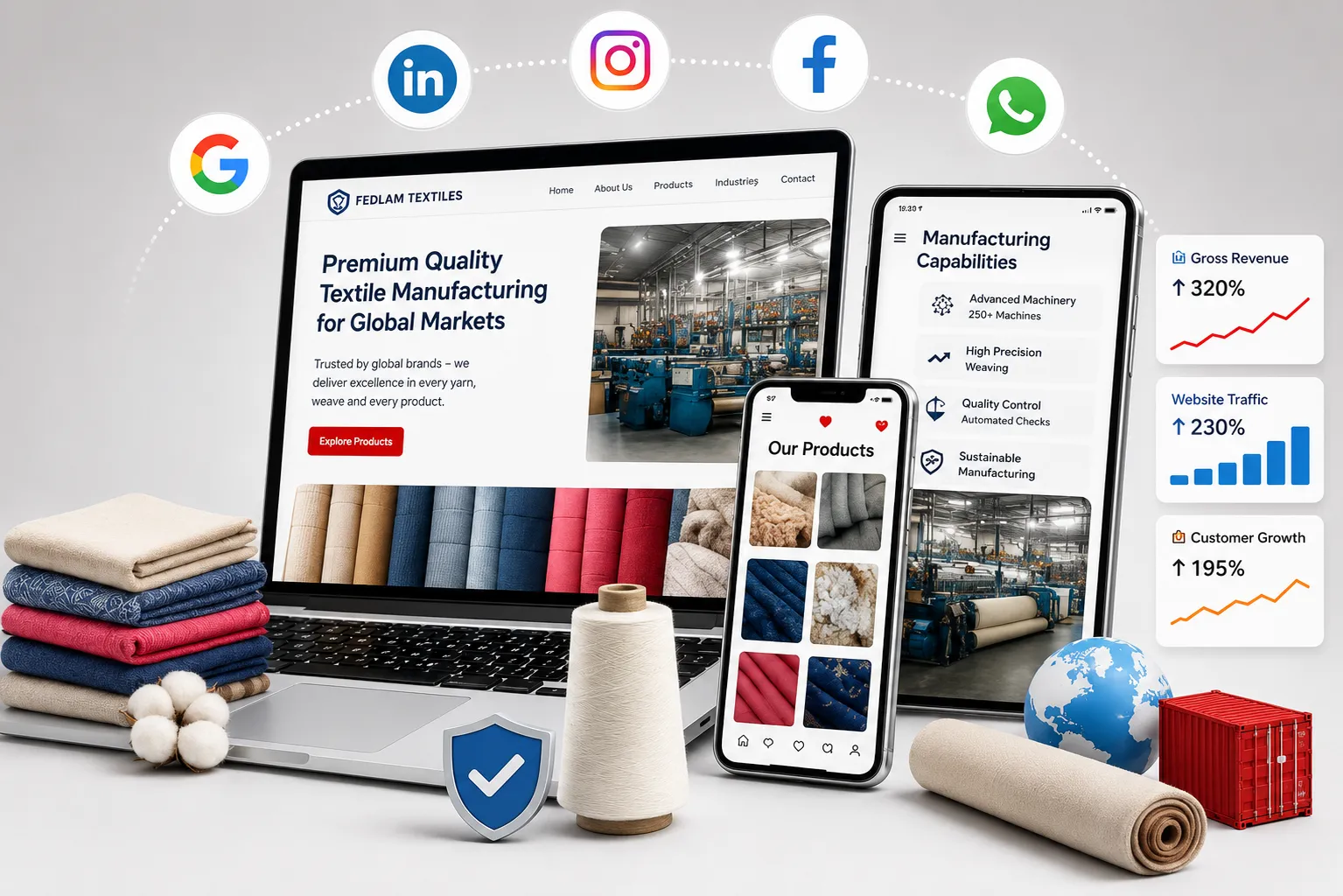 Laptop and phone showing a premium textile manufacturer's website and product catalog, surrounded by social platform icons