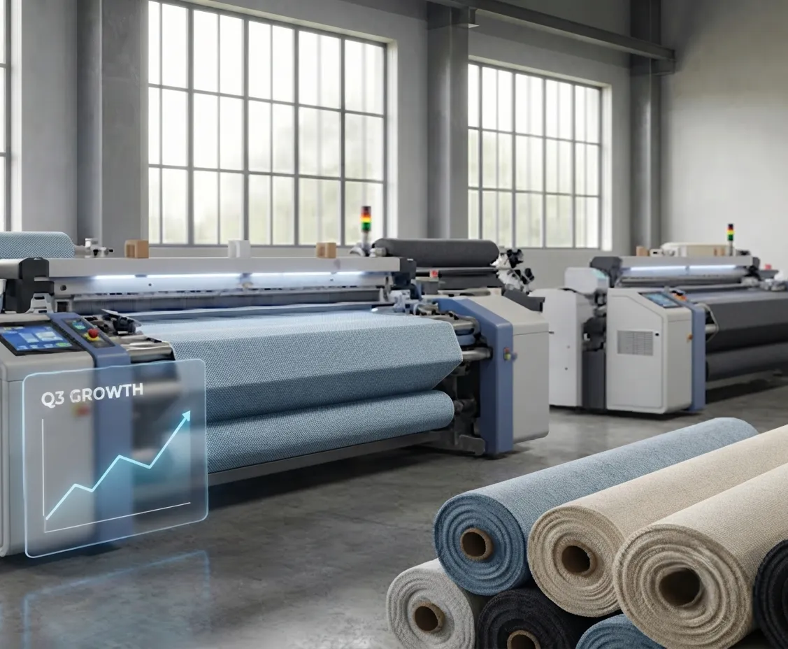 Textile mill weaving machines with fabric rolls in the foreground