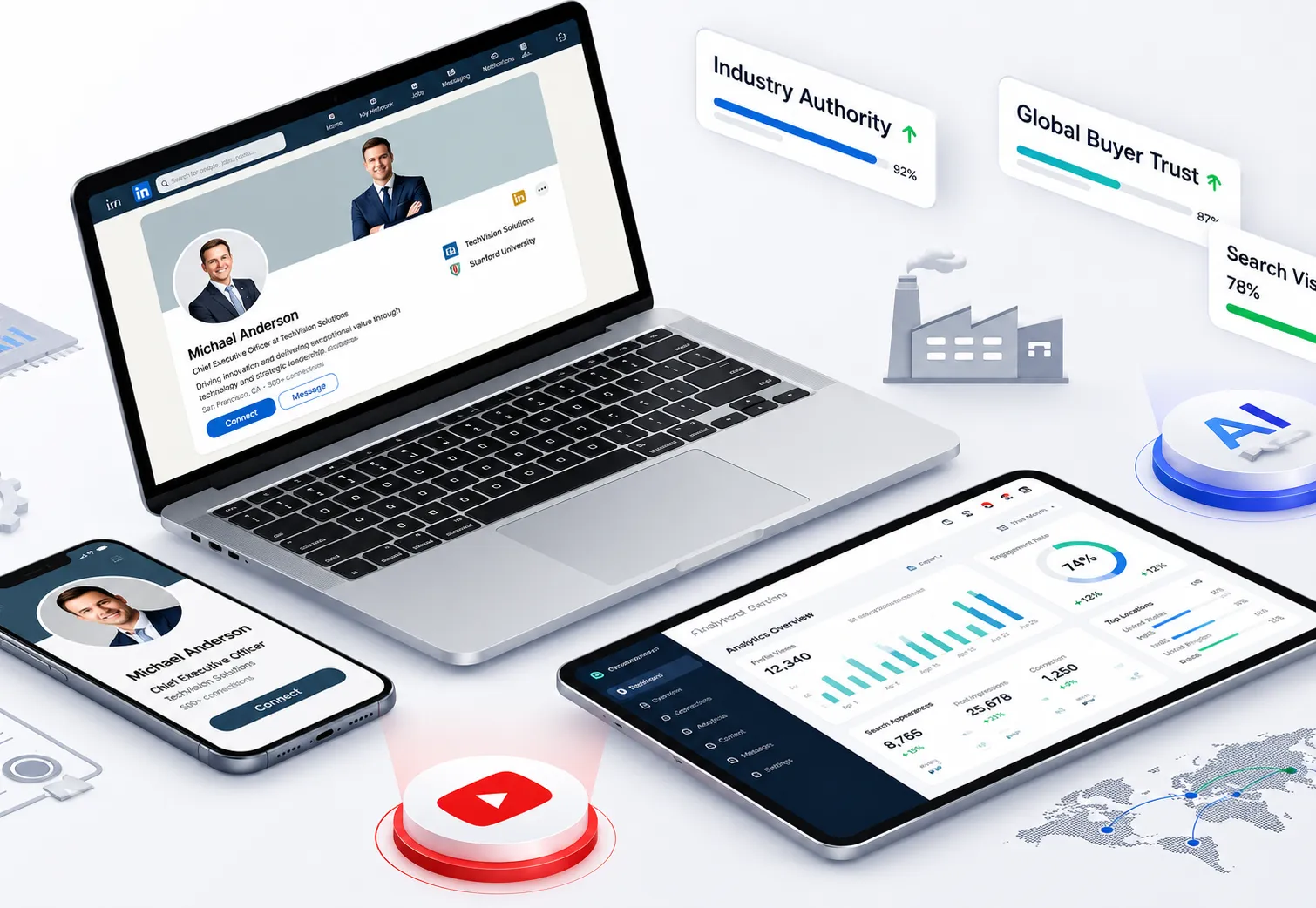 Laptop, phone, and tablet showing a textile manufacturer's professional profile and export dashboard