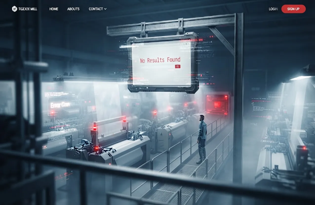 Dark, moody illustration of an empty search results page inside a factory