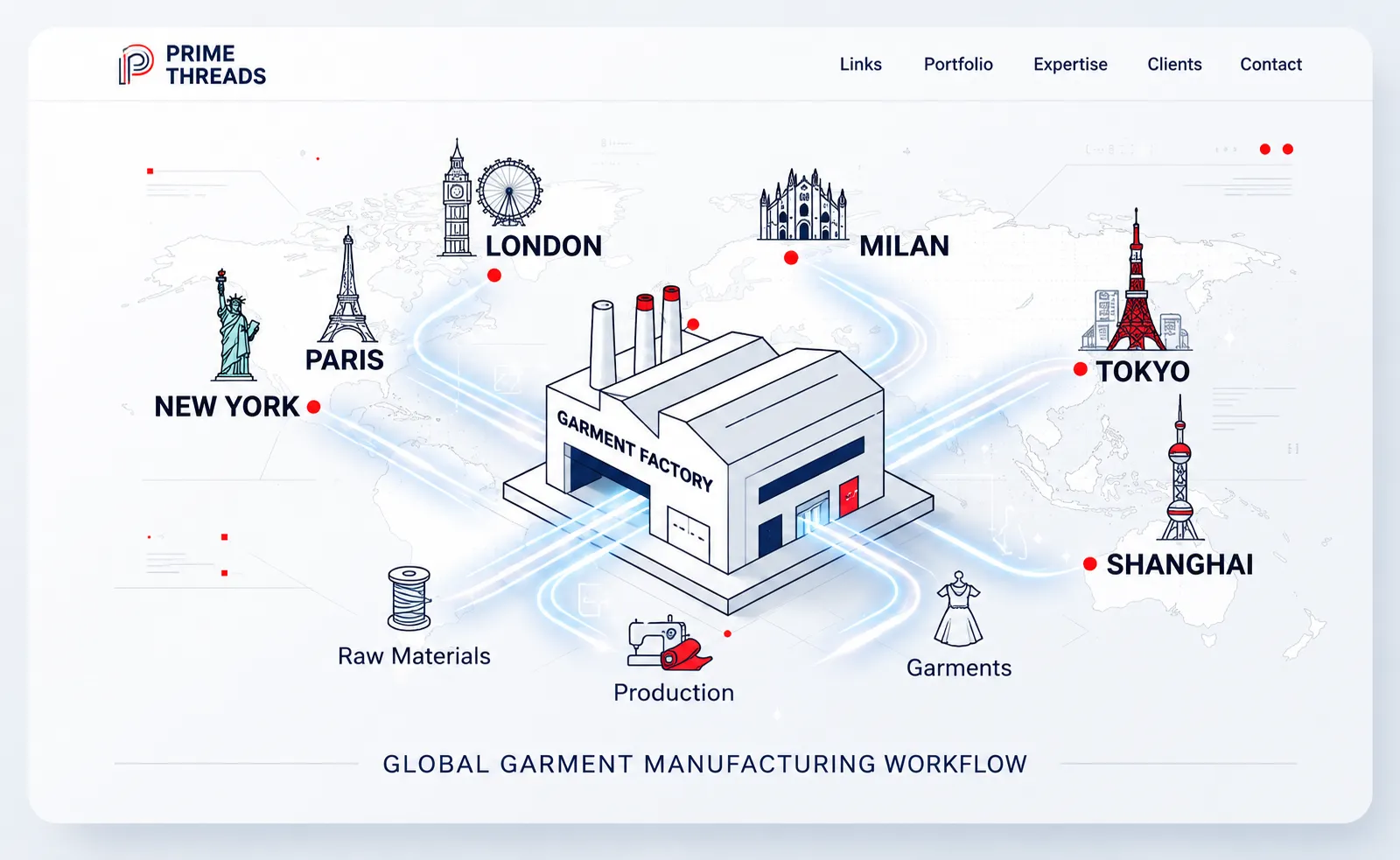 Global garment manufacturing workflow map showing raw materials, production, and export to major cities