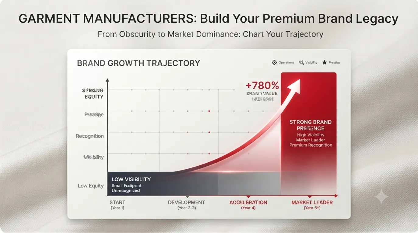 Brand growth trajectory chart showing progression from low visibility to strong brand presence