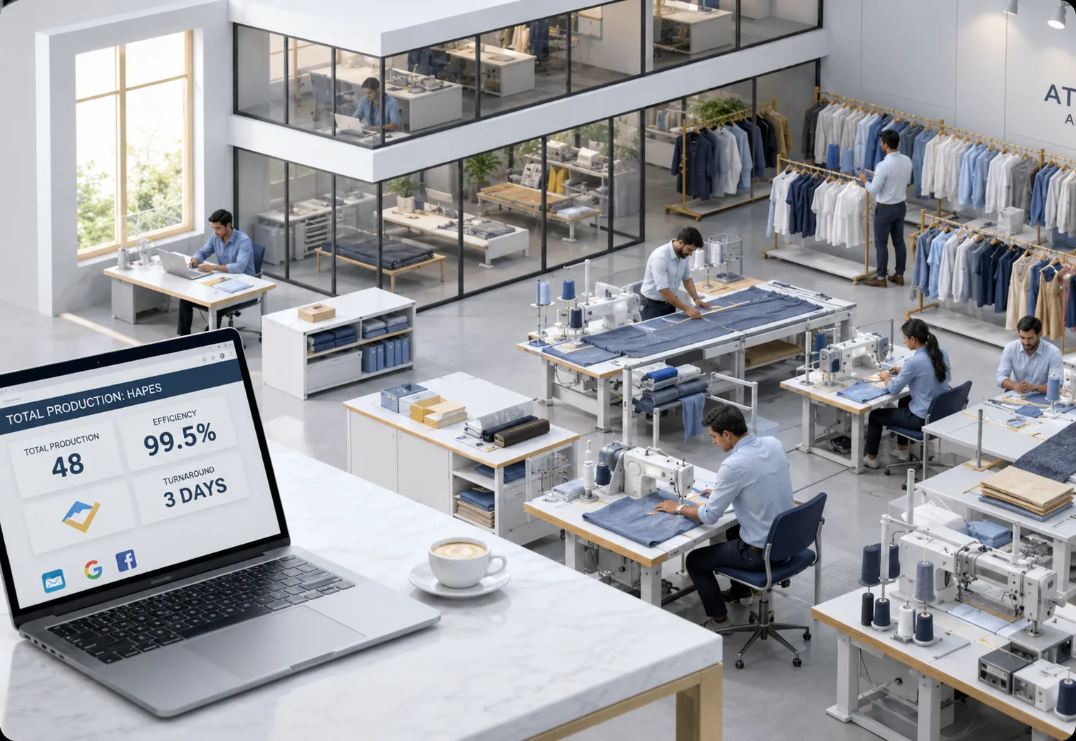Garment factory floor with workers, laptop showing production stats, and clothing racks