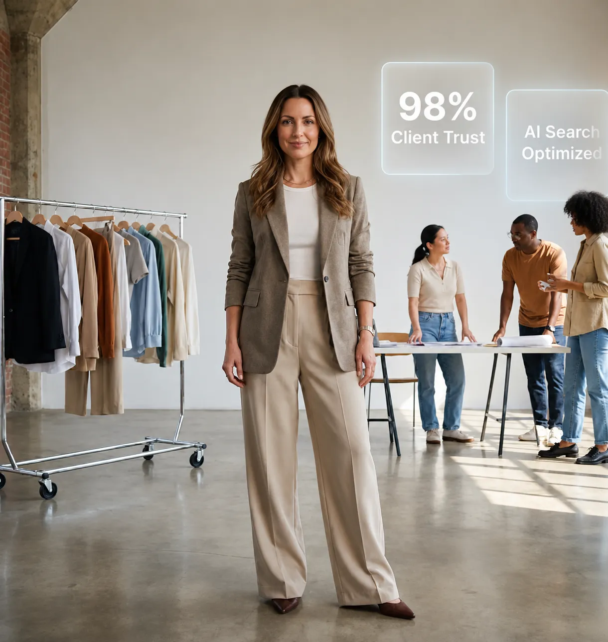 Fashion founder standing in a studio with a clothing rack and team collaborating in the background