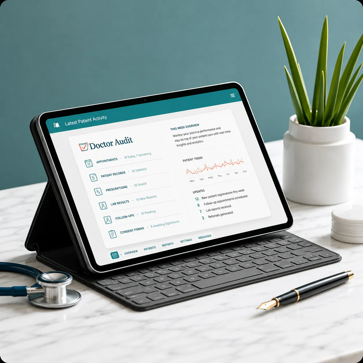 Tablet showing a design audit report on a marble desk beside a pen and plant