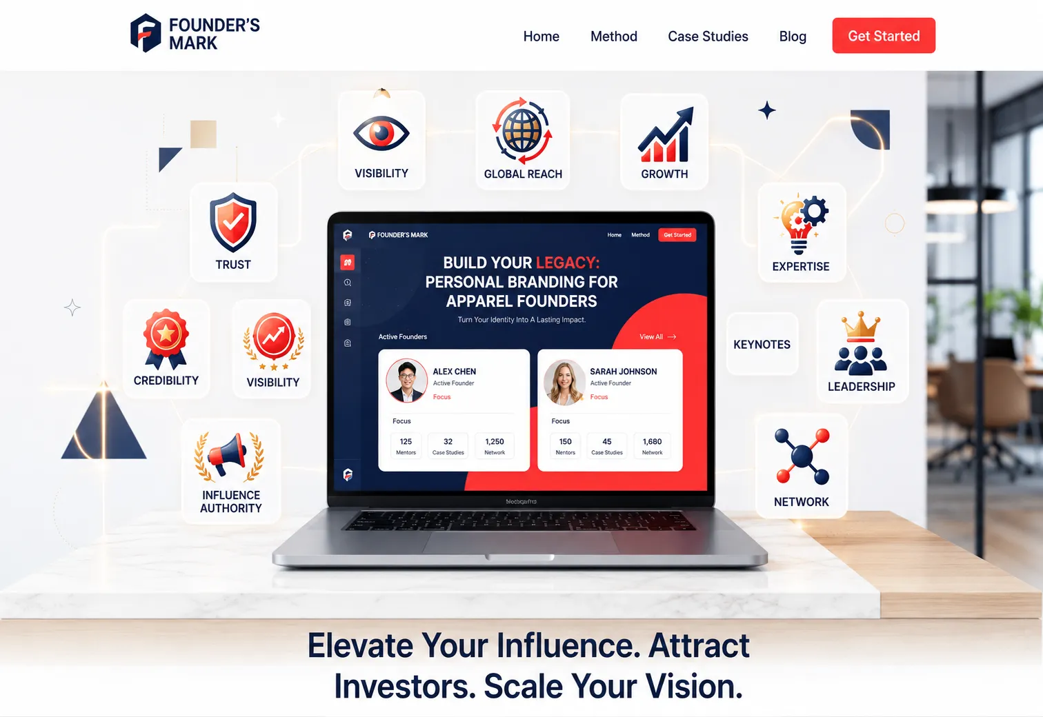 Laptop showing a personal branding landing page for an apparel founder, surrounded by icons for visibility, trust, and leadership