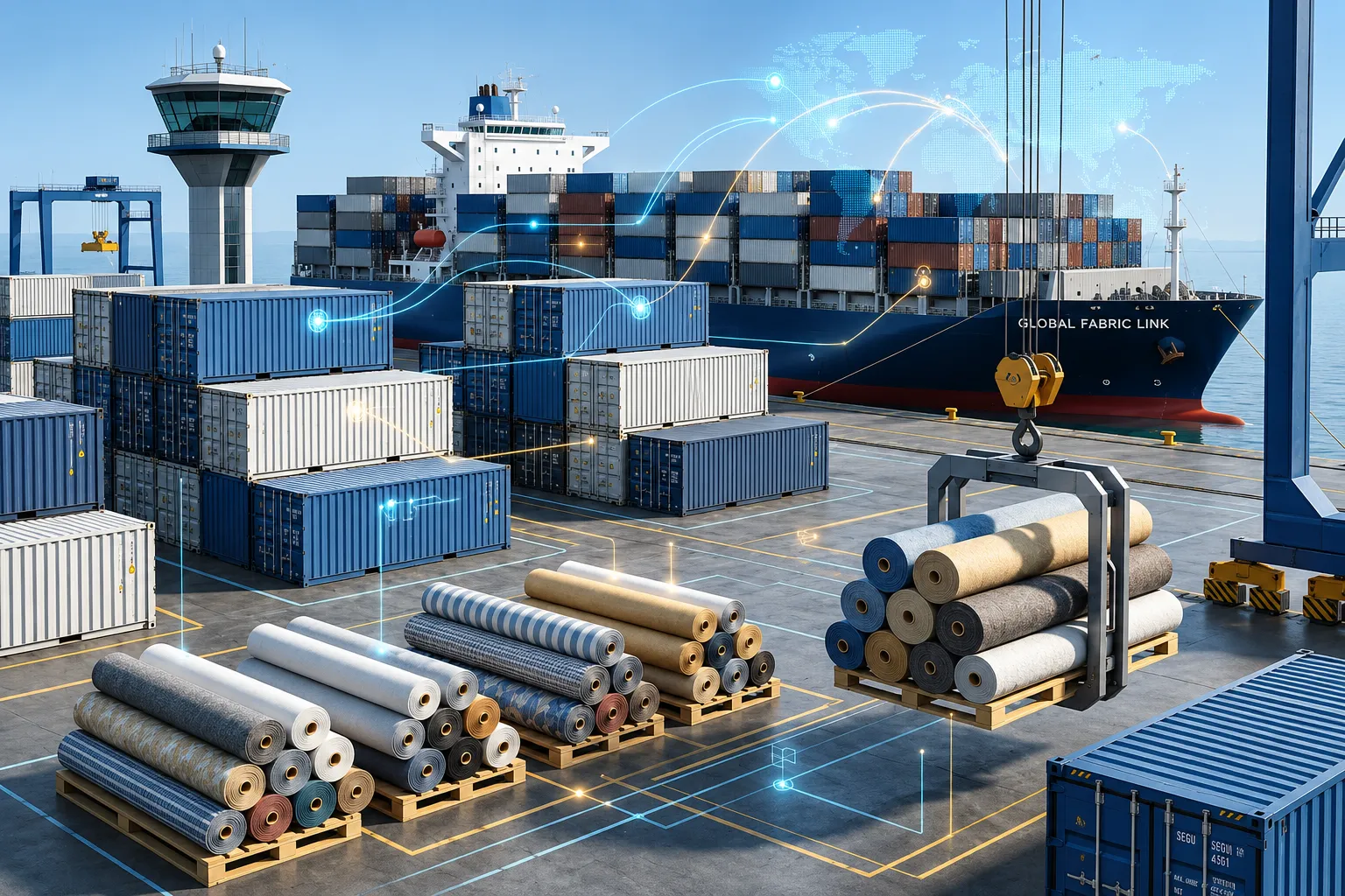 Export port with shipping containers, a cargo vessel, and rolled fabric bales ready for shipment