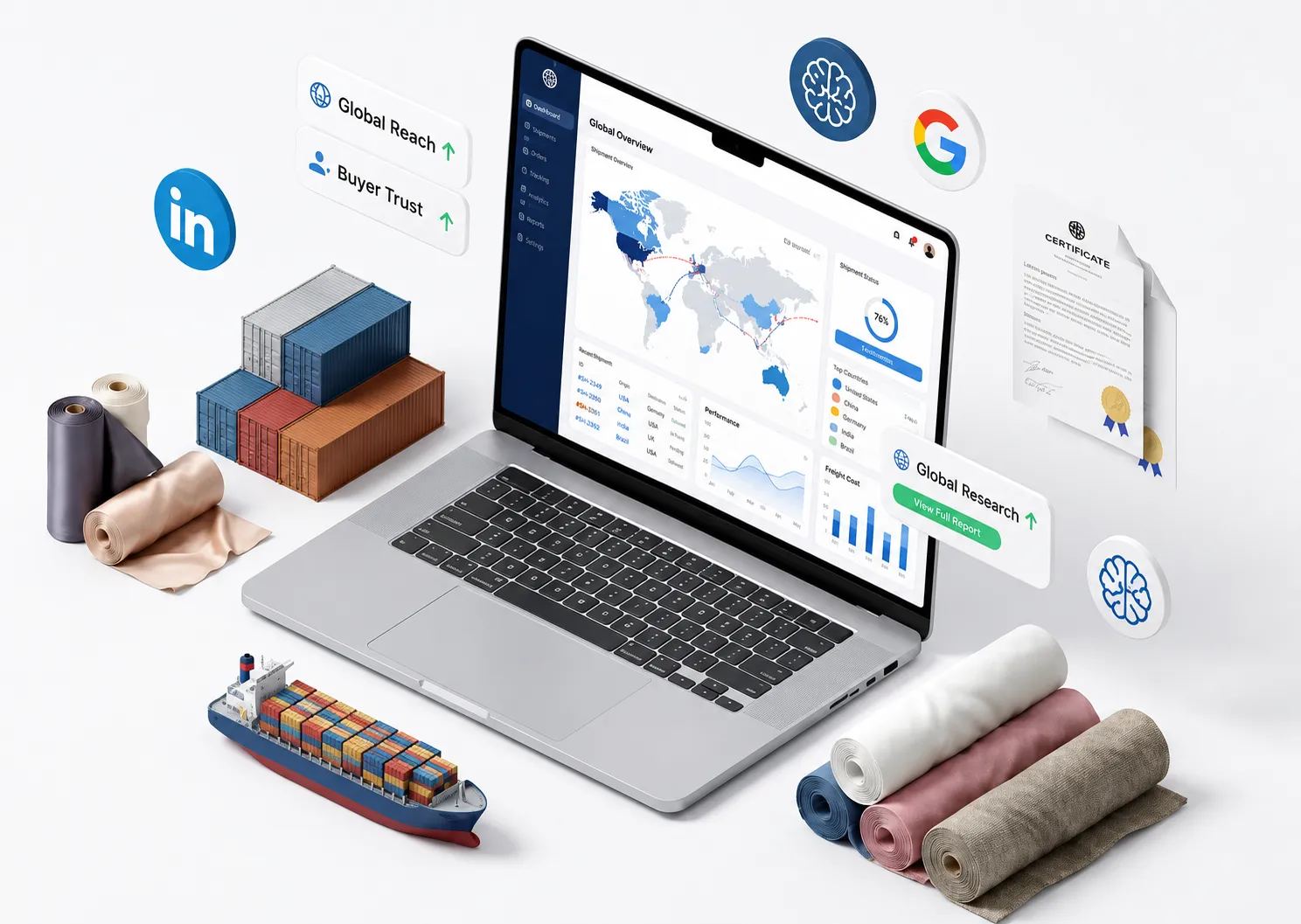 Laptop showing a global trade dashboard surrounded by shipping containers, fabric rolls, and a cargo ship, representing textile export data