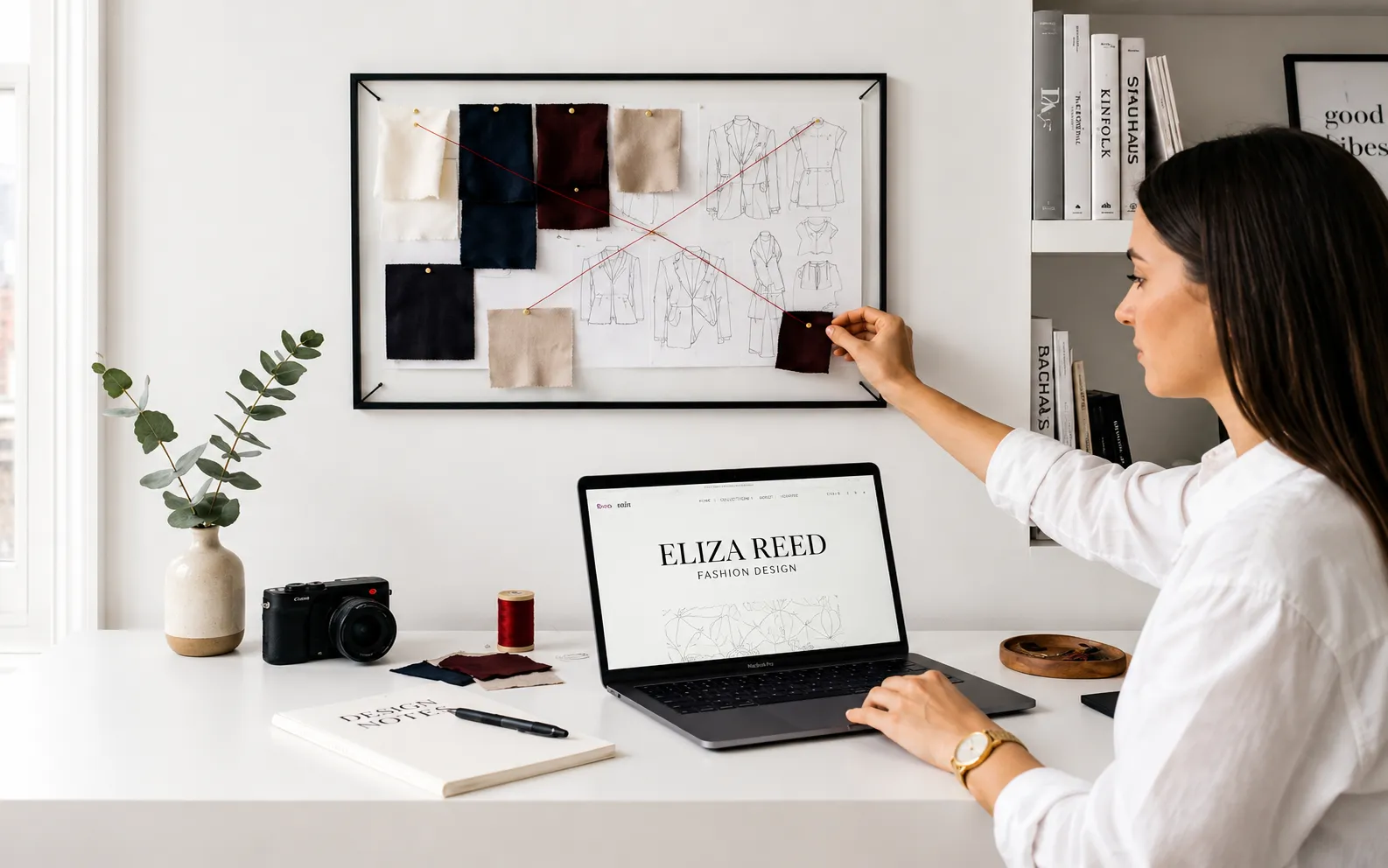 Fashion designer working at a desk with a fabric swatch mood board, sketches, and a laptop