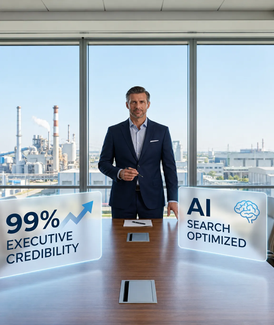 Executive standing in an office overlooking a factory, with executive credibility and AI search optimized data panels