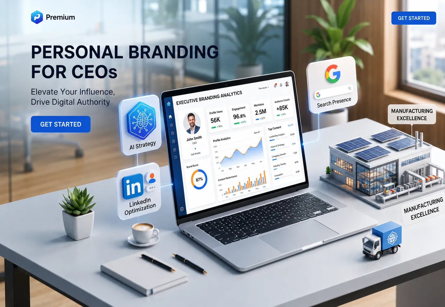 Laptop showing a personal branding for CEOs dashboard on a desk, surrounded by icons for AI strategy, LinkedIn optimization, search presence, and a manufacturing facility