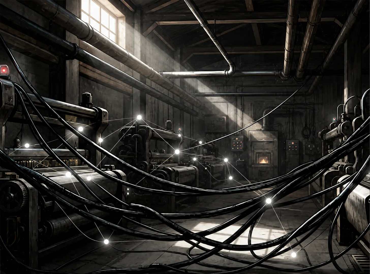 Dimly lit textile factory interior with glowing light trails tracing along machinery cables