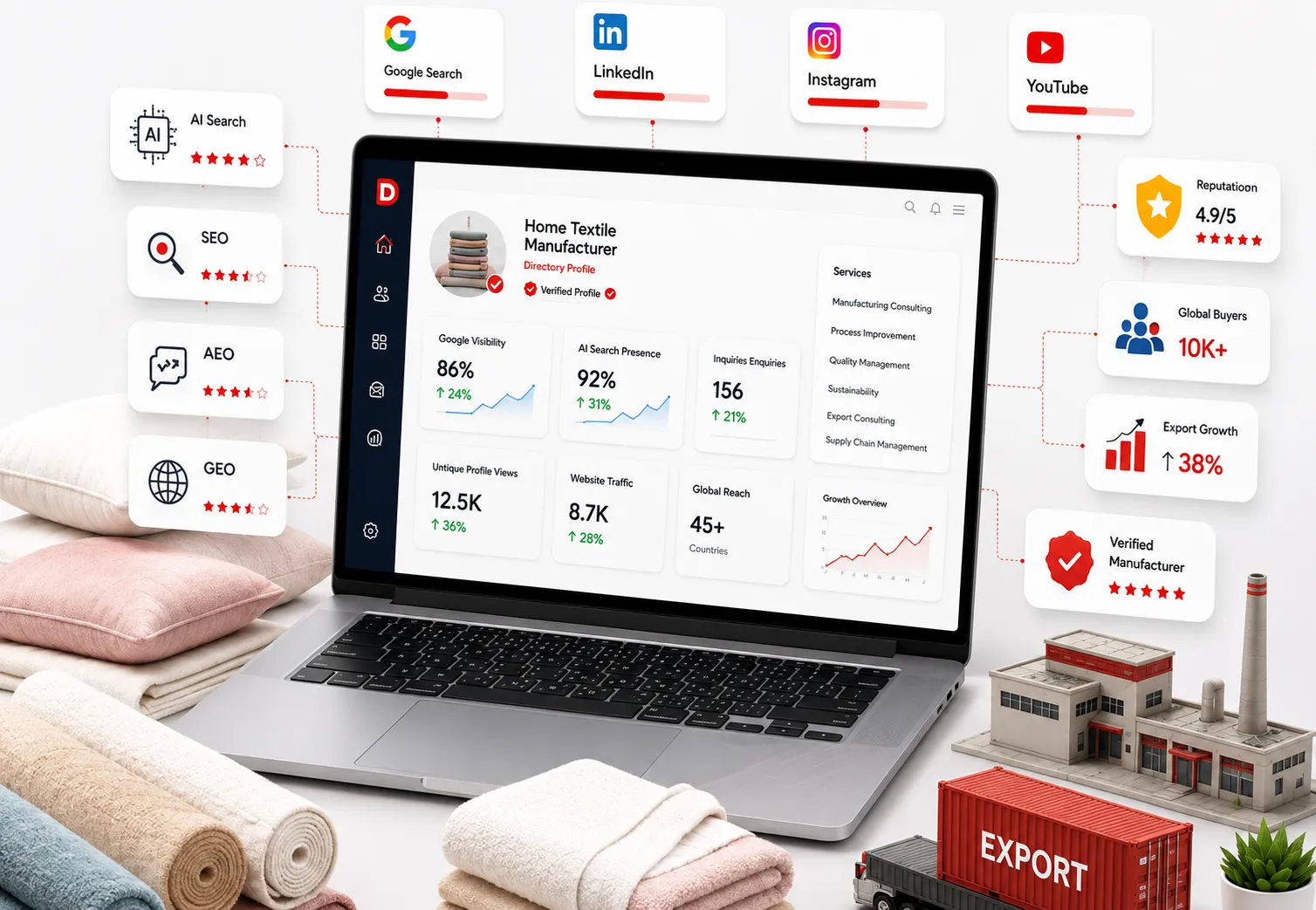 Laptop showing a home textile manufacturer branding dashboard, surrounded by search and social platform icons, fabric rolls, and a factory