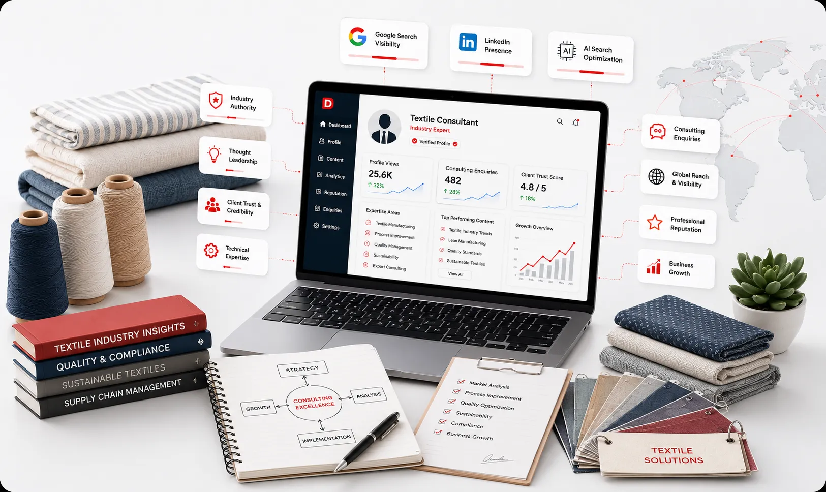 Laptop showing a textile consultant branding dashboard, surrounded by search and social platform icons, fabric samples, and industry data