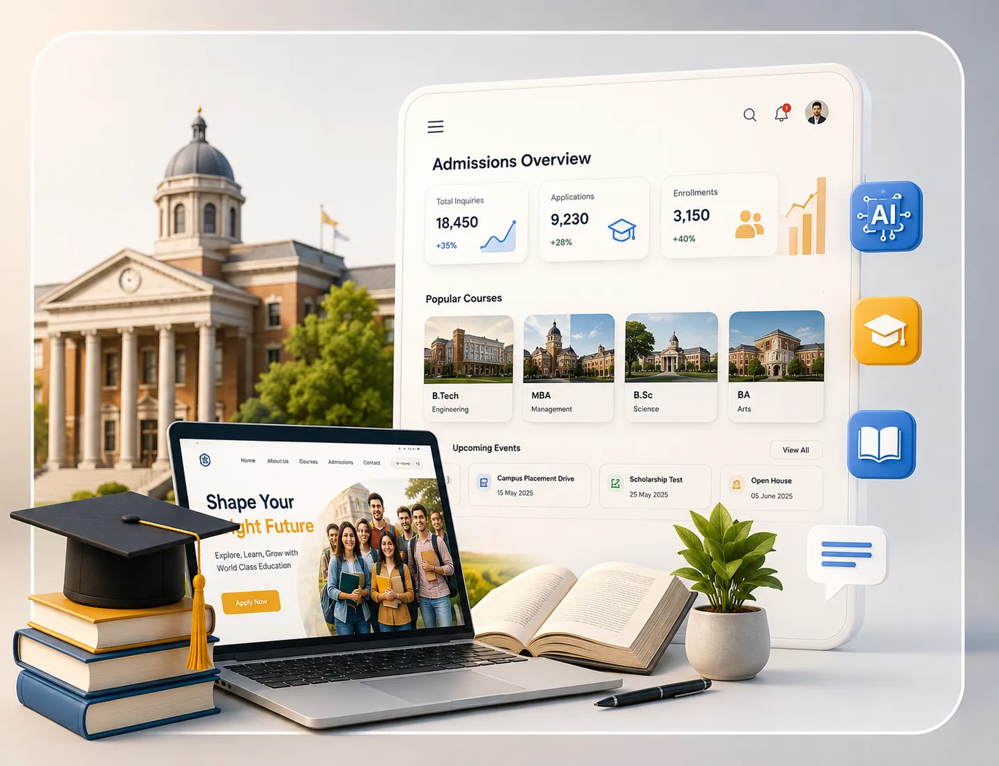 Admissions dashboard and campus illustration