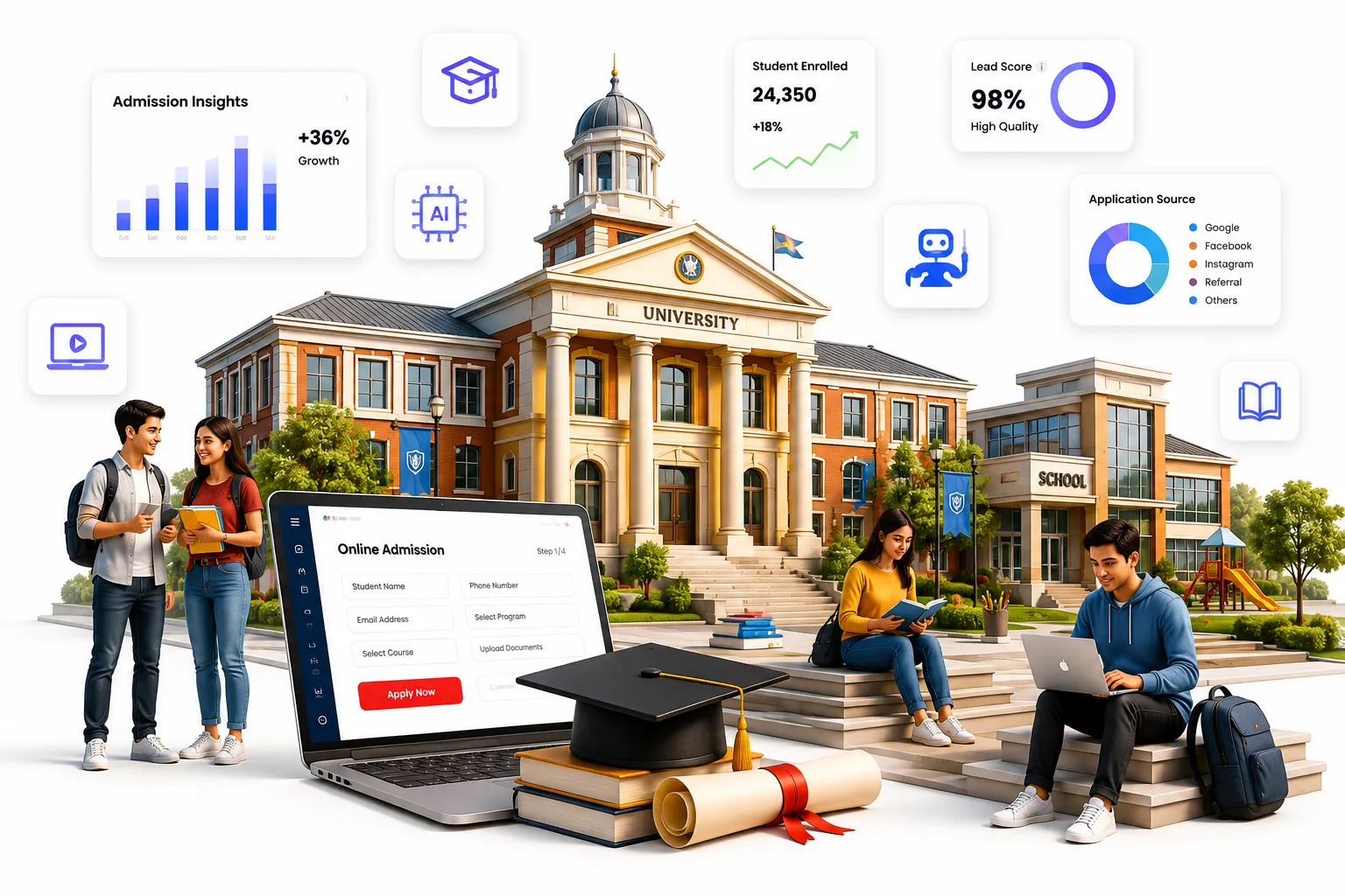 AI-powered admissions dashboard overlaying a university campus with students