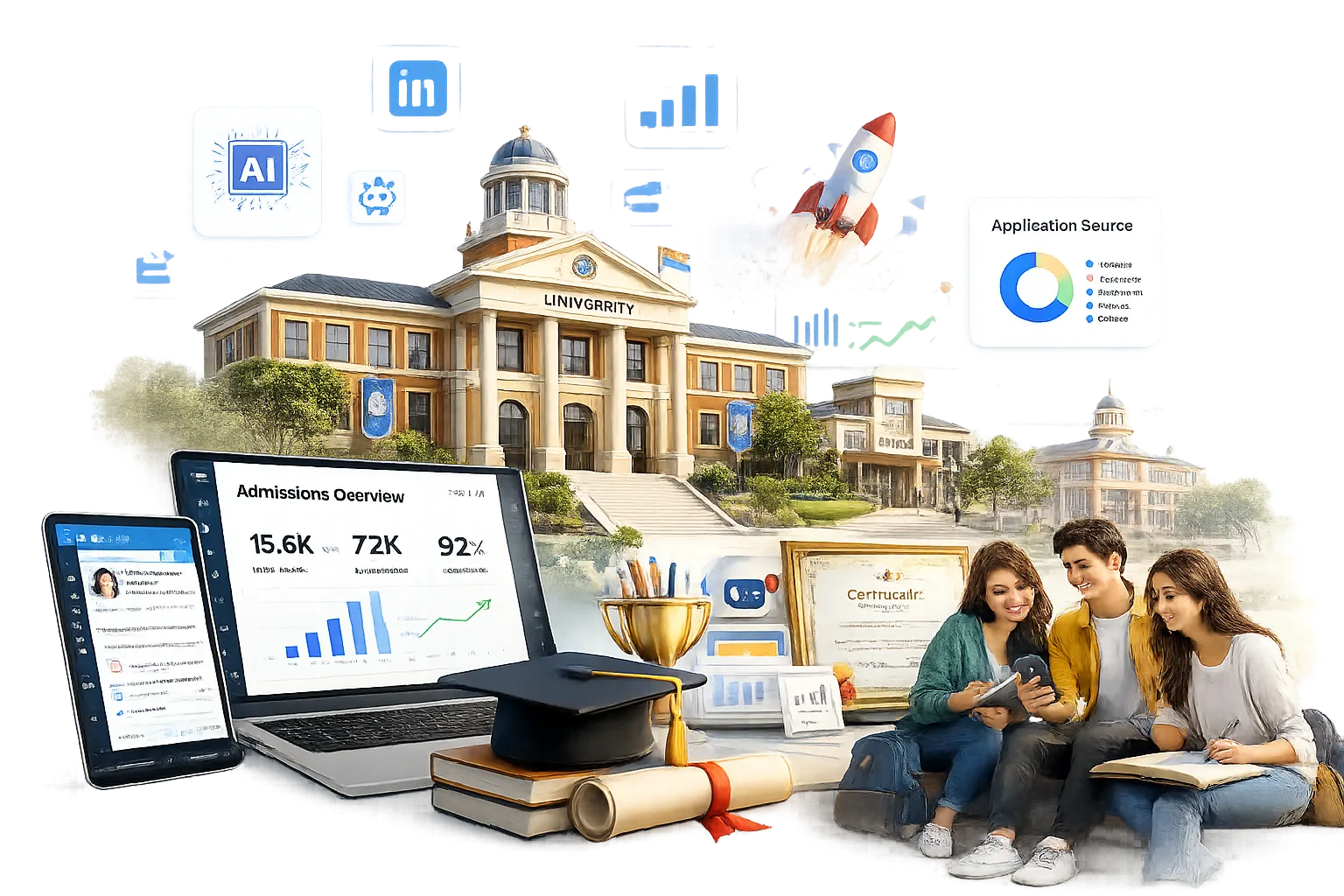 University campus with admissions dashboard and students