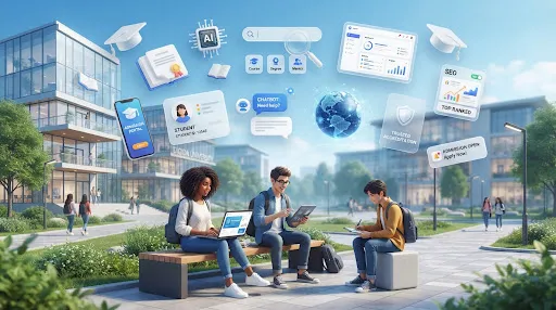Students collaborating on campus with AI-powered admissions tools
