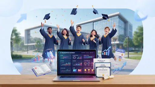 Graduating students celebrating with an admissions dashboard on a laptop
