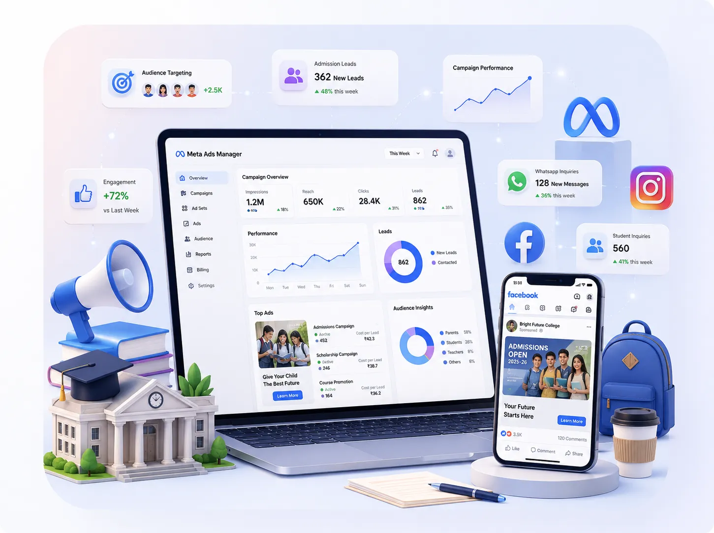 Meta and Google Ads performance dashboard on laptop and phone