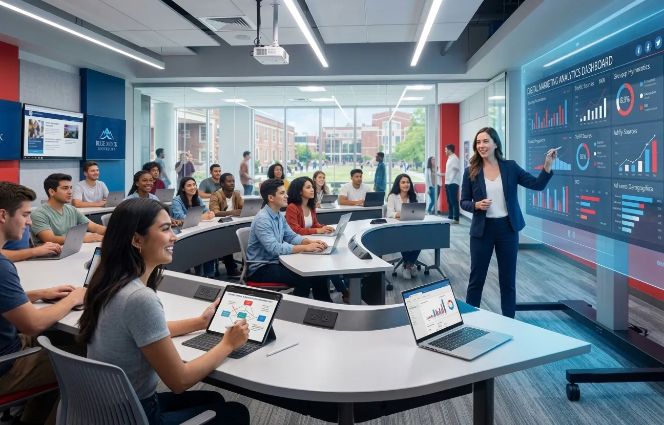 Educator presenting a digital marketing dashboard to students in a classroom