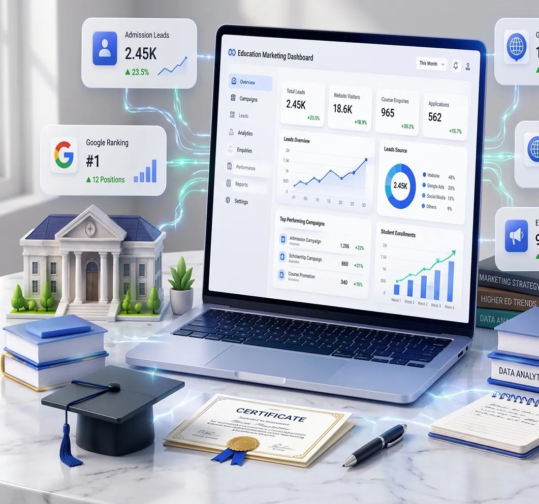 Education marketing dashboard on a laptop with admissions analytics
