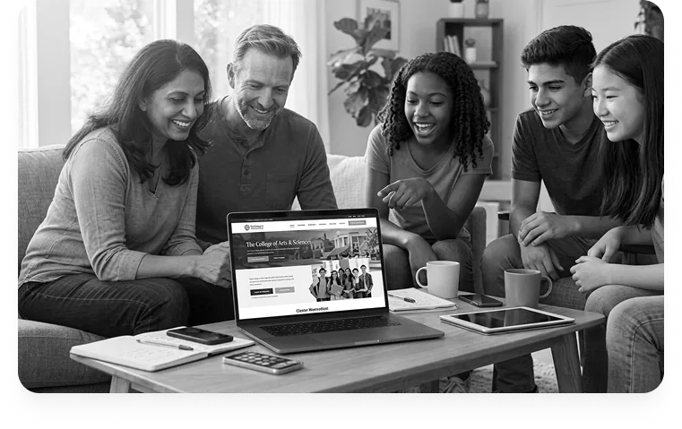 Family researching a school website together