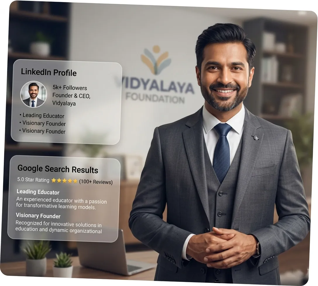 School founder with LinkedIn profile and Google search results overlay