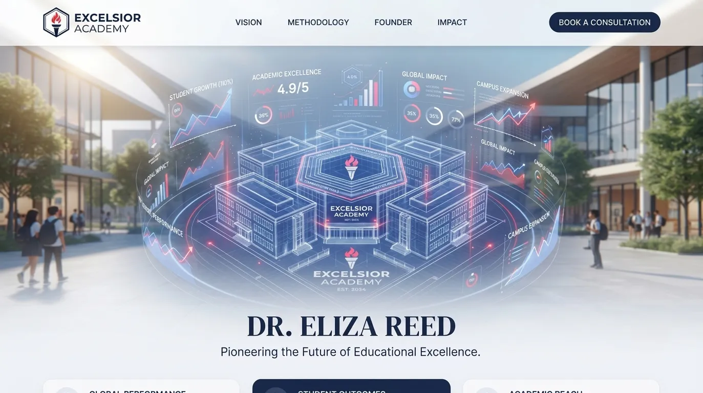 Excelsior Academy website mockup showcasing founder branding and growth metrics