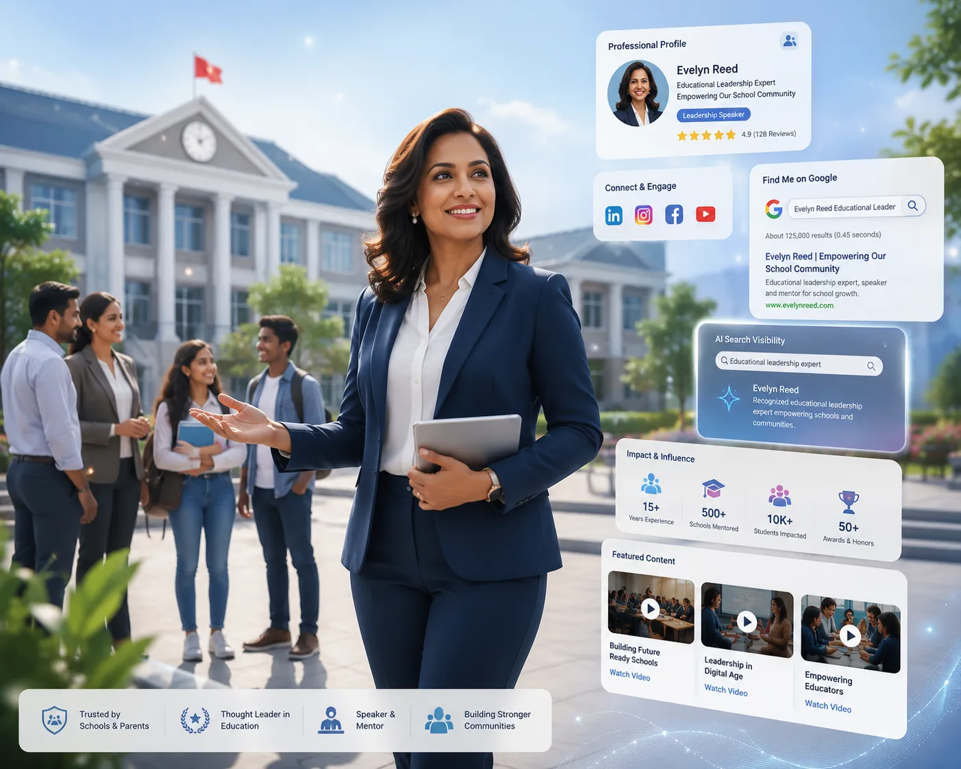 School principal with digital personal branding overlay